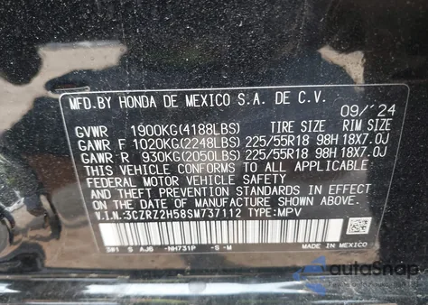 2025 Honda Hr-V Awd Sport from USA, damaged, VIN 3CZRZ2H58SM737112